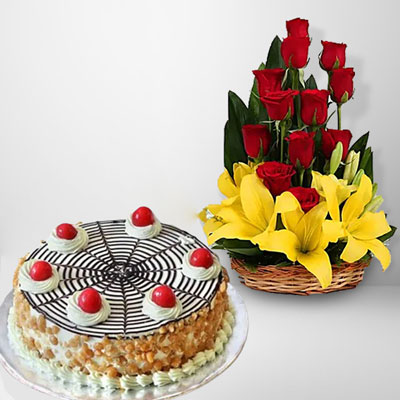 "Butterscotch cake - 1kg, Flower Basket - Click here to View more details about this Product